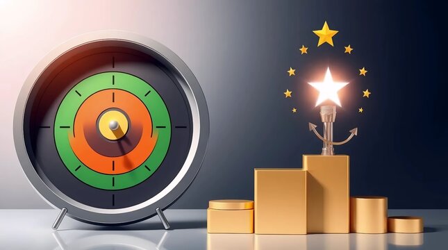 realistic gradient target meter with rising podium steps symbolizing progress, achievement levels, and business performance improvement