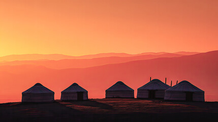 Beautiful yurts landscape at sunset in asia travel destination tourism adventure trip