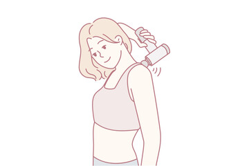 Postexercise woman with towel, Athletic woman relaxes following vigorous training routine, Healthconscious female athlete wears towel and sports top after intense training session