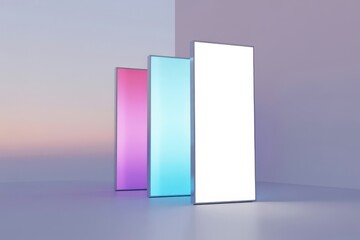 Three glowing vertical screens in pink, blue, and white light