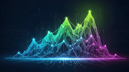 Vibrant wireframe mesh visualizing big data analytics, abstractly depicting network connections and technological advancement with glowing peaks