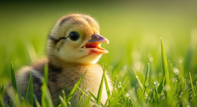 Cute chick peeking from green grass on a sunny morning - Powered by Adobe