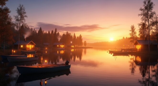 Golden hour serenity at a tranquil lakeside village with cozy cabins