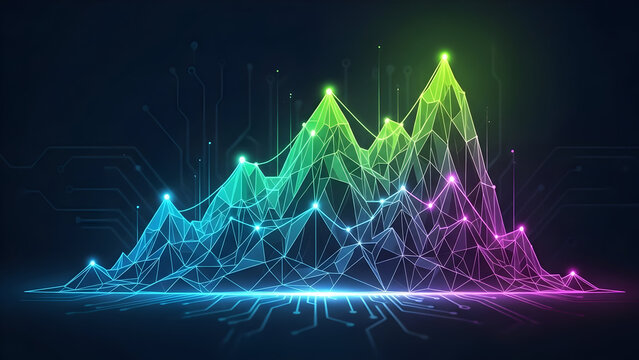 Vibrant wireframe mesh visualizing big data analytics, abstractly depicting network connections and technological advancement with glowing peaks