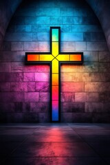 Naklejka premium Christian cross glowing with colorful light in modern church interior