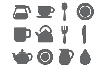 Set kitchenware vector spoon icon drop coffee saucer teapot plate kettle mug