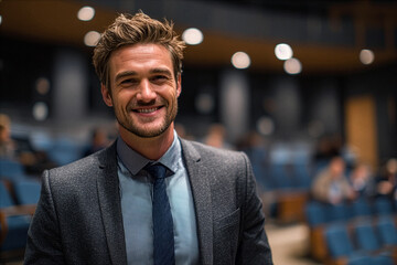 Businessman smiling during business conference.