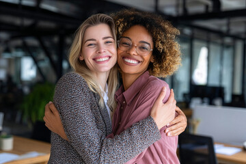 Happy close-up portrait of two smiling women friends embracing.