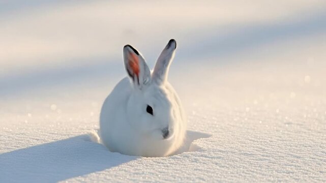 Arctic hare in the snow, a winter wonderland scene with sunlight and shadows, natural wildlife