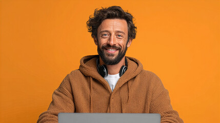 Portrait of a smiling young man working on laptop against orange background.