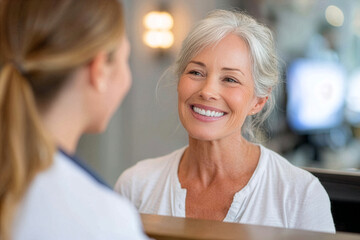 Senior woman talking to doctor at clinic reception with smile.