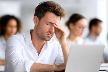 Stressed businessman rubbing eyes while working at desk in modern office.