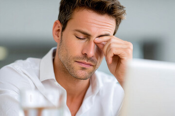 Stressed businessman rubbing eyes while working at desk in modern office.