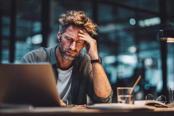 Stressed businessman working late with laptop in dark modern office environment.