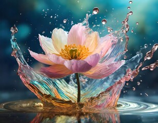 Colorful flowers splash into water, creating a vibrant scene under soft light enhancing their natural beauty . Generative AI
