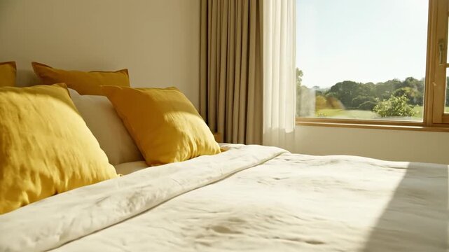 Bright bedroom interior morning sunlight warmth natural light comfort cozy residence