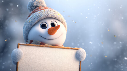 3d snowman looking out the corner, holding blank banner, blinking and smiling. Gold confetti falling. Happy New Year. Merry Christmas animated greeting card. Winter holiday background