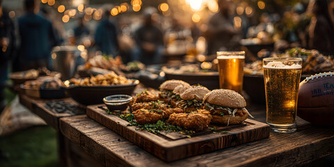 Football tailgate scene with food and drinks before. Gridiron pregame gathering victuals beverage enjoyment festive occasion sporty celebration outdoor recreation nourishment
