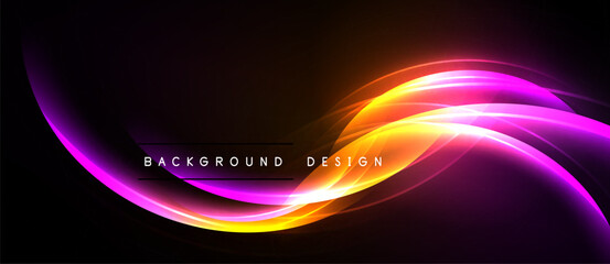 Abstract neon waves, vibrant colors, dark background. Dynamic flowing lines create modern visual effect. Text reads background design.