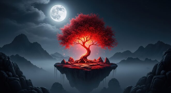 Luminous Red Tree on a Floating Island Under a Full Moon