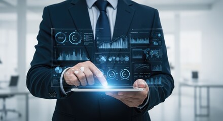 Executive analyzes global data analytics on transparent tablet for strategic planning and insights, showcasing future technology and business solutions