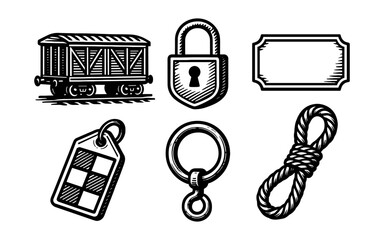 Vintage elements collection: train car, padlock, label, keychain, ring, rope in engraved style