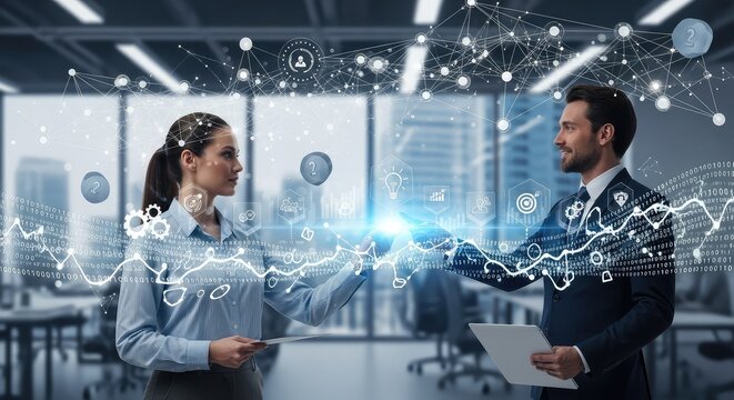 Dynamic business professionals collaborating with digital technology for strategic growth and innovative solutions in a modern office setting for success