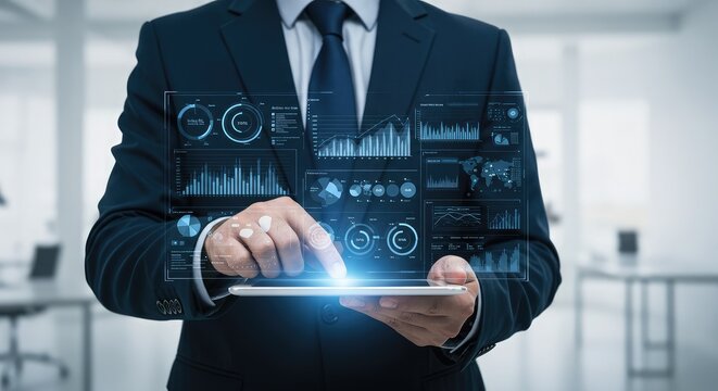 Executive analyzes global data analytics on transparent tablet for strategic planning and insights, showcasing future technology and business solutions - Powered by Adobe