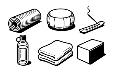 Monochrome yoga set with mat, bolster, and incense holder