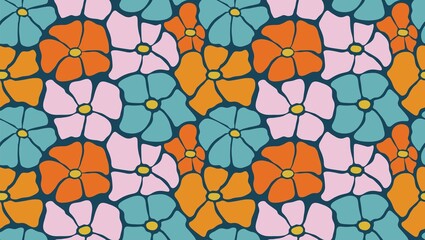 A seamless pattern of stylized flowers in shades of orange blue and pink on a dark blue background