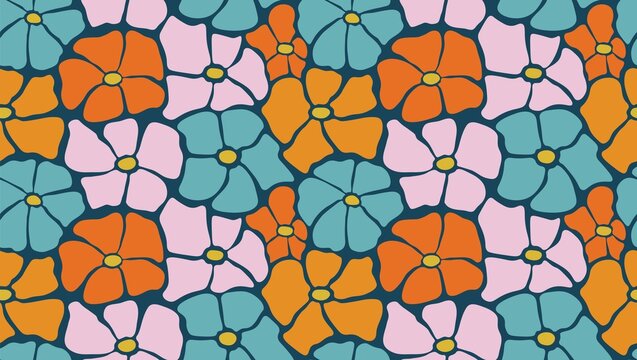 A seamless pattern of stylized flowers in shades of orange blue and pink on a dark blue background - Powered by Adobe
