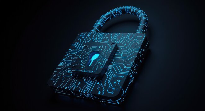 Cutting-edge digital security padlock with glowing circuit patterns providing data protection for innovative technology firms and cybersecurity solutions