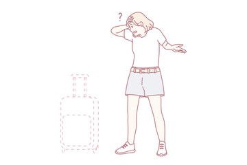 Stressed young woman frustrated with baggage loss in airport. Unhappy distressed female confused with lost suitcase. Vector illustration.