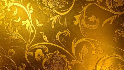 A golden floral pattern with intricate designs and swirls creating a luxurious and elegant background look
