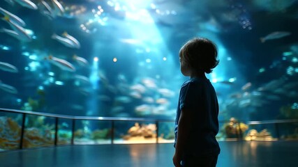 Child standing before giant aquarium window watching fish swim, soft blue glow, wonder and education theme, with copy space