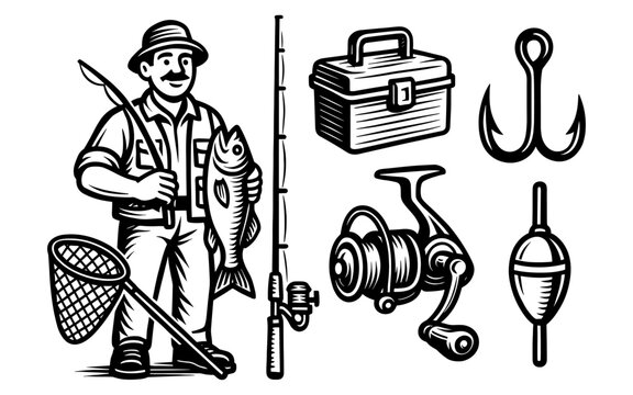 Vintage fishing gear and fisherman with catch in black and white illustration