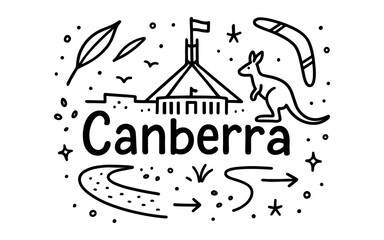 Fototapeta premium Black and white canberra doodle with landmarks and australian symbols