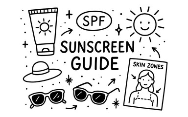 Sunscreen guide doodle with protective accessories and skin zones chart