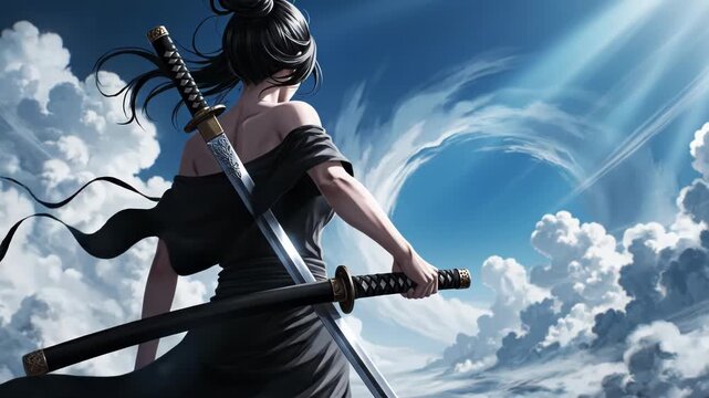 Anime style warrior woman in black dress holding two katanas against a dramatic blue sky with clouds
