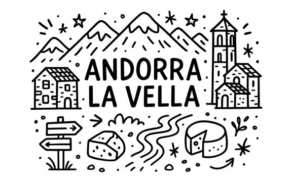 Charming andorra la vella: doodle art of mountains, architecture, and nature