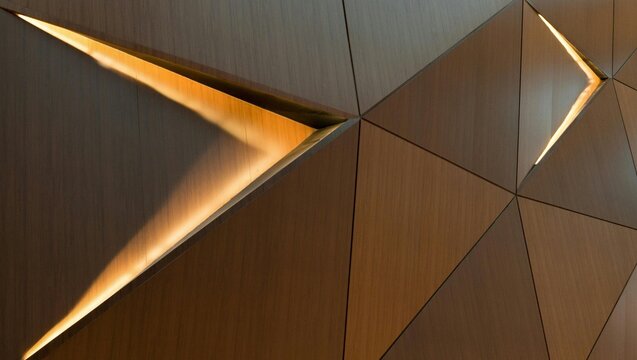 Abstract geometric wall with triangular panels and recessed lighting creating a modern design look