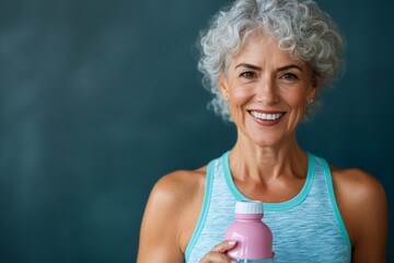 Senior woman keeping fit, hydrating with water bottle