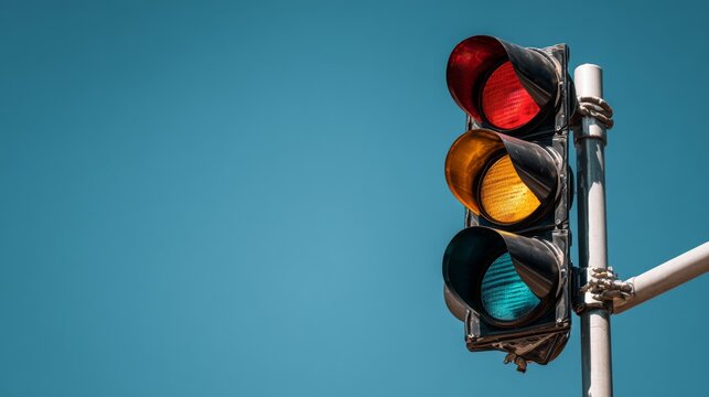 Traffic Signal with Red, Yellow, and Green Lights Against a Clear Blue Sky on a Bright Day Highlighting Road Safety and Urban Infrastructure