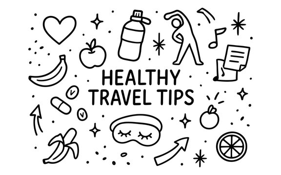 Healthy travel tips doodle design with fitness and nutrition icons