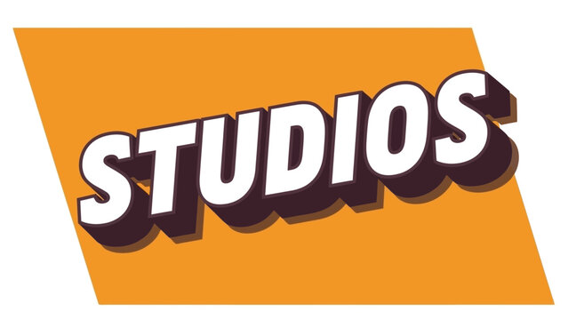 Bold typography design of the word studios in a retro comic book style with a strong drop shadow on an orange banner, isolated vector element