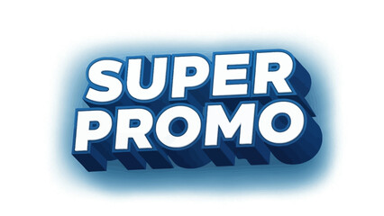 Dynamic 'Super Promo' text graphic for marketing campaigns, effectively highlighting special offers and sales events with a vibrant 3D design and energetic blue gradient