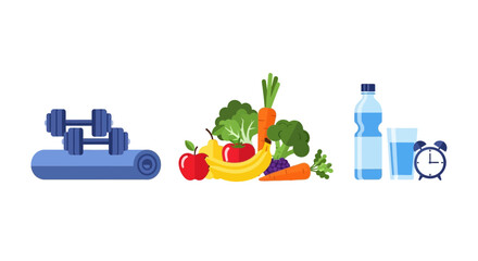 Inspiring healthy lifestyle choices with weights on yoga mat, fresh produce, water, and an alarm clock, perfect for fitness blogs and wellness programs