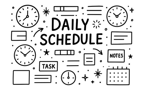 Hand drawn daily schedule with clocks and notes for personal planning