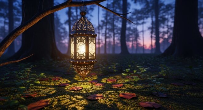 Ornate lantern casting light in a mystical twilight forest