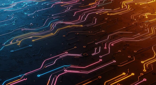 Advanced technology circuit board with vibrant neon lights radiating energy, perfect for modern tech presentations and digital marketing campaigns, captivating innovation